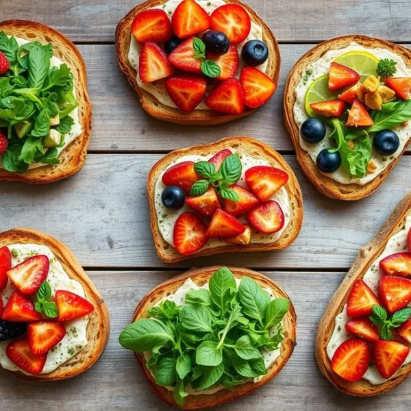 Várias opções de torradas saudáveis.