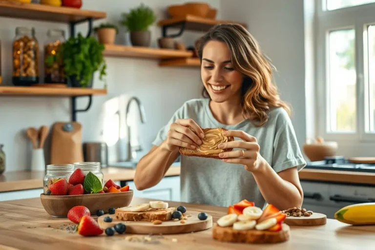 Uma mulher segurando uma torrada saudável e sorrindo.