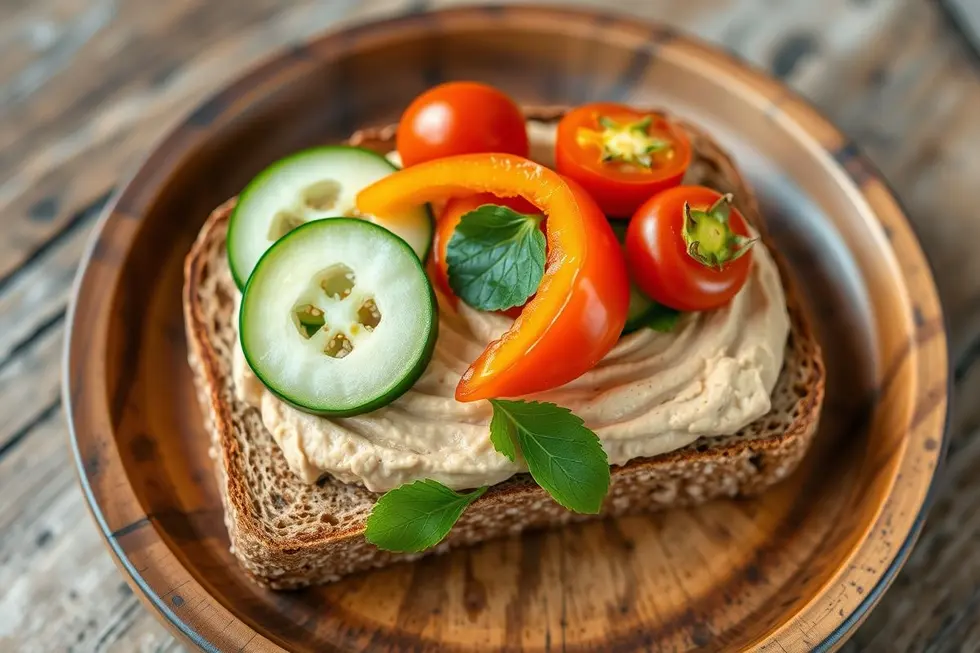 Torrada Integral com Homus e Legumes Assados
