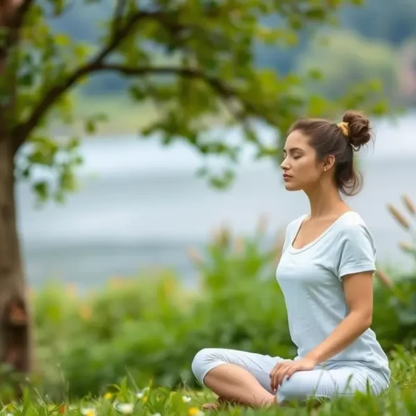Mulher meditando ao ar livre em um momento de desconexão digital.