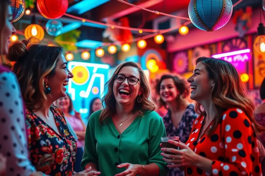 Grupo de mulheres se divertindo em looks estilosos e confortáveis.
