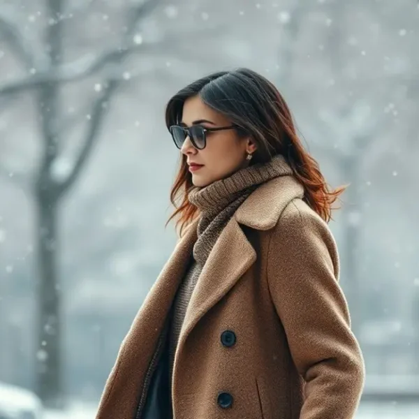 Mulher caminhando elegantemente com roupa de inverno.