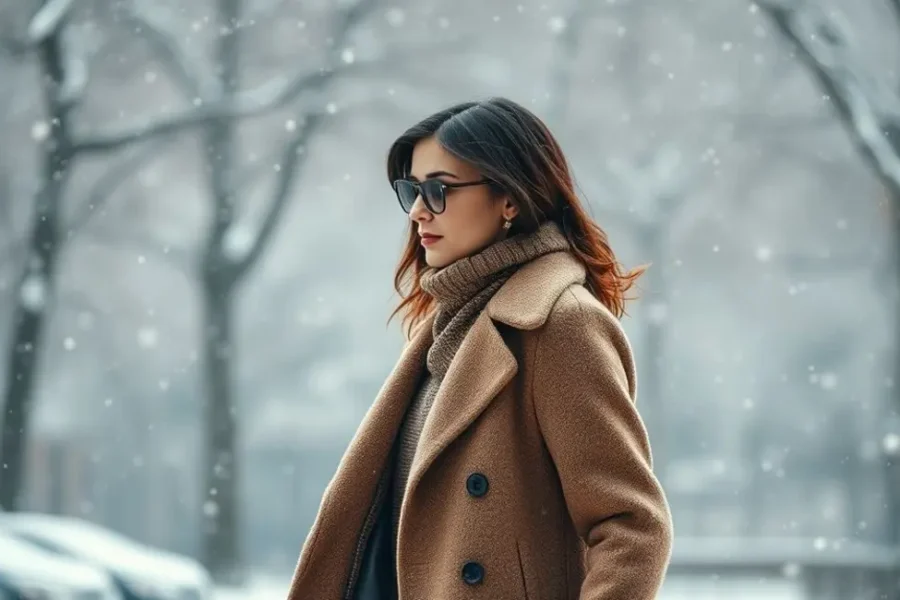Mulher caminhando elegantemente com roupa de inverno.