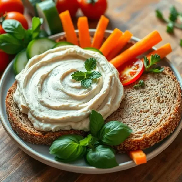 Requeijão de caju espalhado em um pão integral com guarnições.