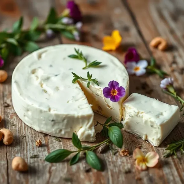 Mesa rústica com pratos coloridos de requeijão de caju e ingredientes saudáveis.
