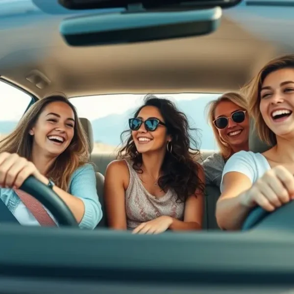 Grupo de mulheres sorrindo enquanto dirigem juntas, mostrando confiança e apoio mútuo.