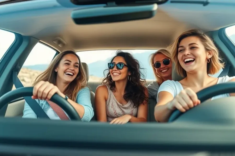 Grupo de mulheres sorrindo enquanto dirigem juntas, mostrando confiança e apoio mútuo.