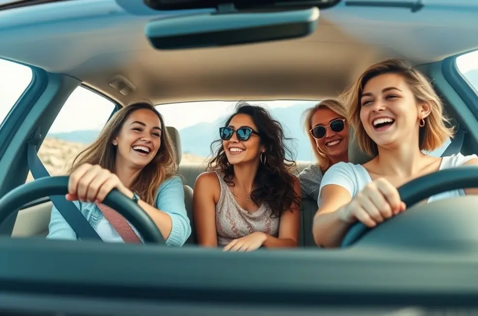 Grupo de mulheres sorrindo enquanto dirigem juntas, mostrando confiança e apoio mútuo.