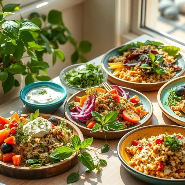 Uma colorida apresentação de pratos saudáveis com requeijão de caju.