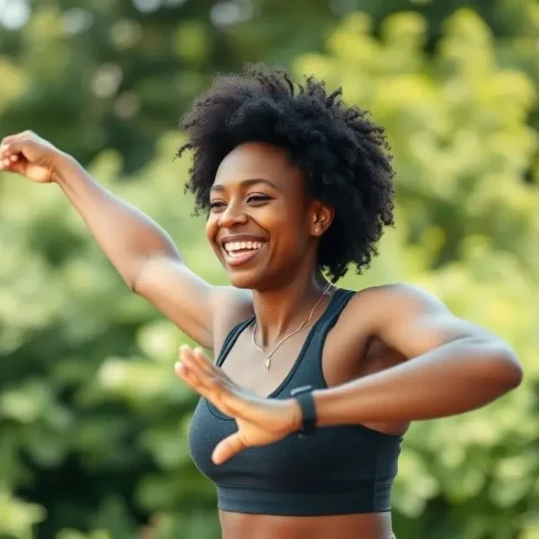 Mulher radiante se exercitando ao ar livre, simbolizando felicidade e confiança.