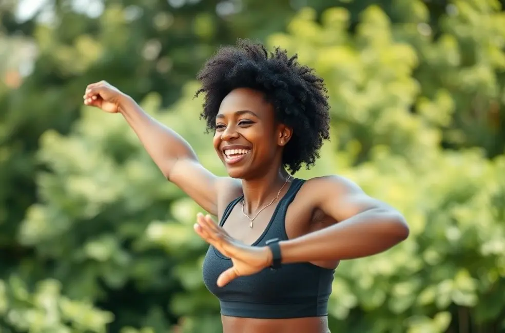 7 Exercícios Corporais Práticos para Definição Feminina em Casa 8 Mulher radiante se exercitando ao ar livre, simbolizando felicidade e confiança.