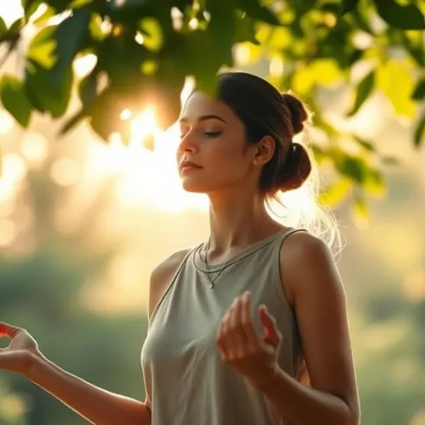 Mulher refletindo serenidade e foco durante a meditação.