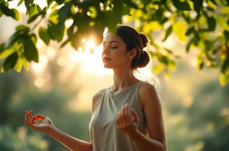 Mulher refletindo serenidade e foco durante a meditação.