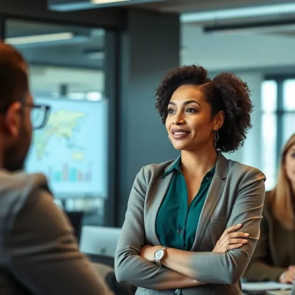 Mulher confiante falando em um púlpito sobre empoderamento feminino.