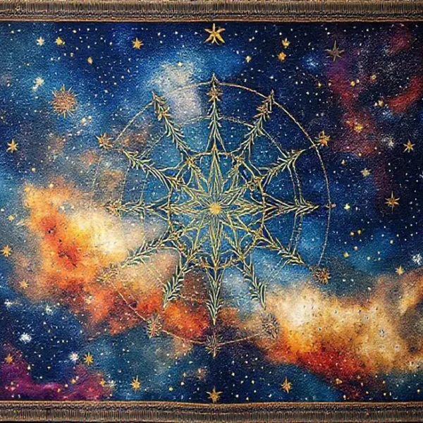 Tapeçaria cósmica simbolizando a conexão feminina com o universo e a astrologia.