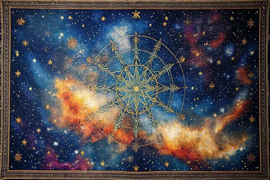 Tapeçaria cósmica simbolizando a conexão feminina com o universo e a astrologia.