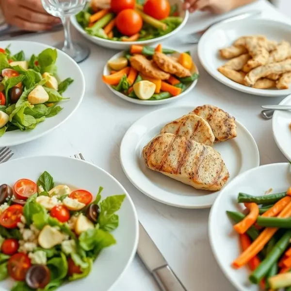 Mesa decorada com pratos saudáveis low carb, ideal para um jantar nutritivo.