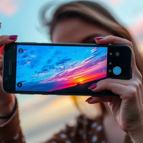 Mulher aproveitando um pôr do sol enquanto fotografa com seu celular.