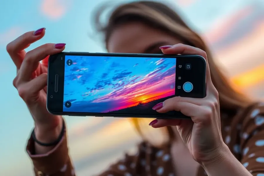 Mulher aproveitando um pôr do sol enquanto fotografa com seu celular.