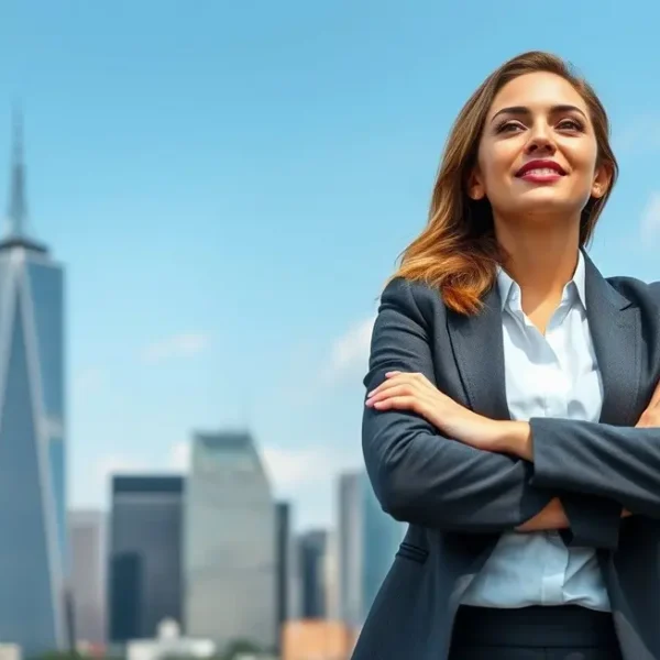 Uma mulher empoderada olhando para o horizonte urbano, representando a confiança em sua trajetória profissional.