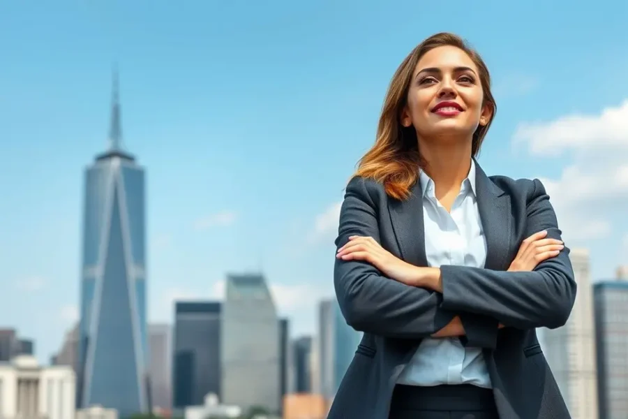 Uma mulher empoderada olhando para o horizonte urbano, representando a confiança em sua trajetória profissional.