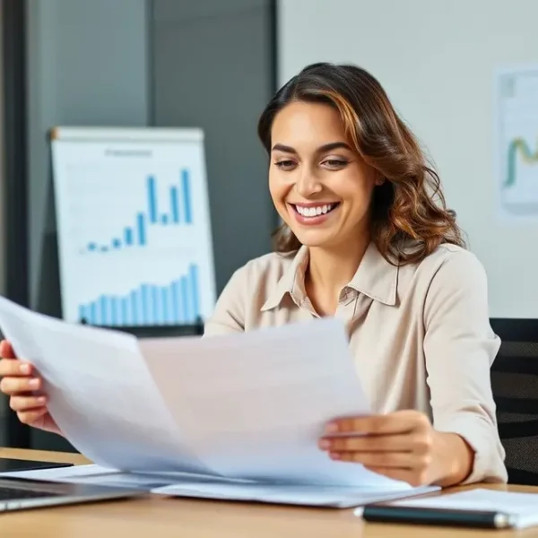 Mulher revisando documentos financeiros com um sorriso confiante.
