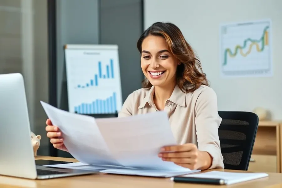 Mulher revisando documentos financeiros com um sorriso confiante.