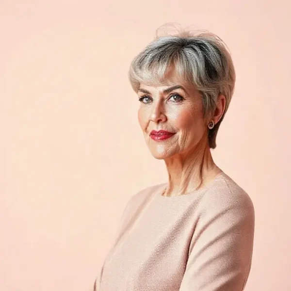 Mulher com cabelo moderno, representando estilo e confiança.