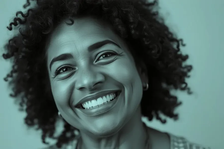 Mulher sorrindo em um ambiente florido, simbolizando o empoderamento feminino.