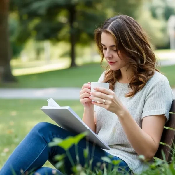 Mulher lendo um livro alegremente em um parque ensolarado.