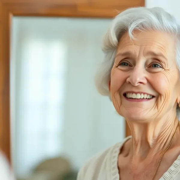 Uma mulher sorrindo enquanto aplica uma máscara no rosto.