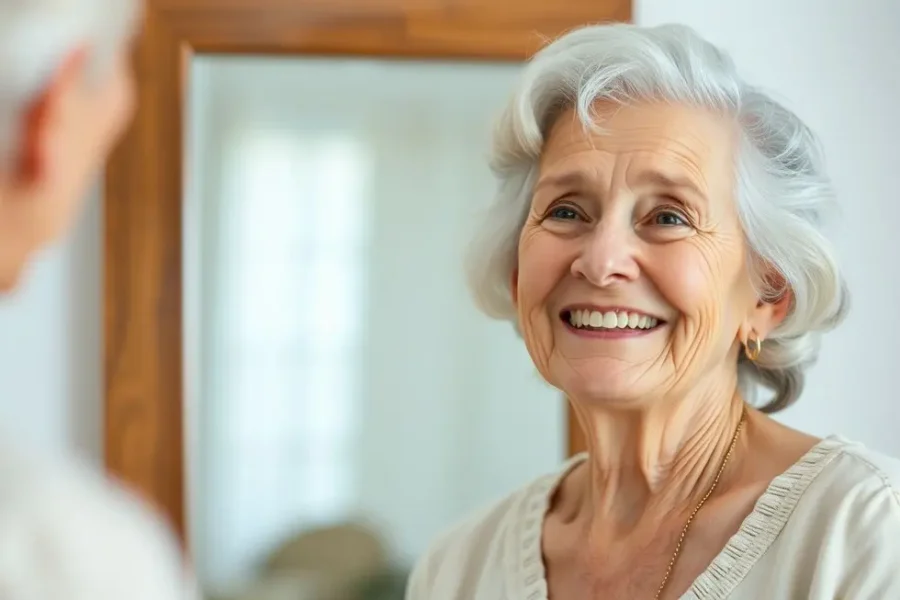 Uma mulher sorrindo enquanto aplica uma máscara no rosto.