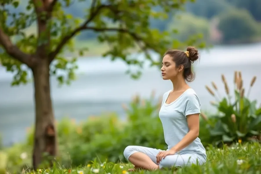 Mulher meditando ao ar livre.