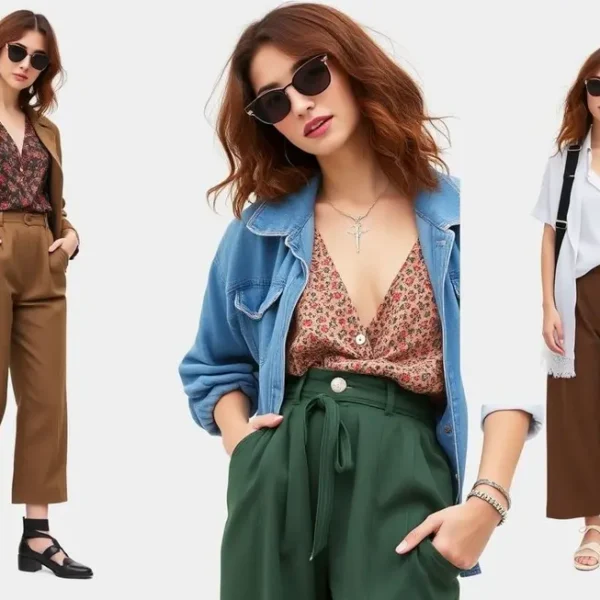 Mulher andando pela cidade com uma roupa sustentável e estilosa.