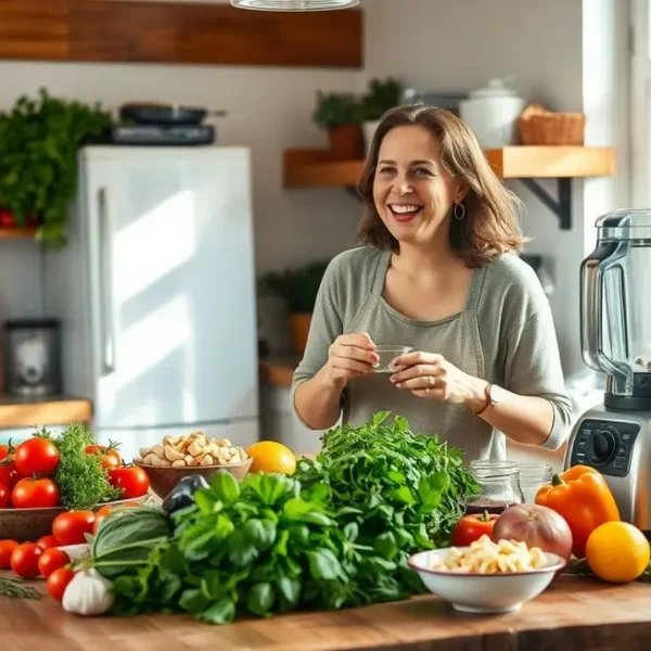 Cozinha aconchegante com uma mulher fazendo requeijão de caju com legumes frescos.