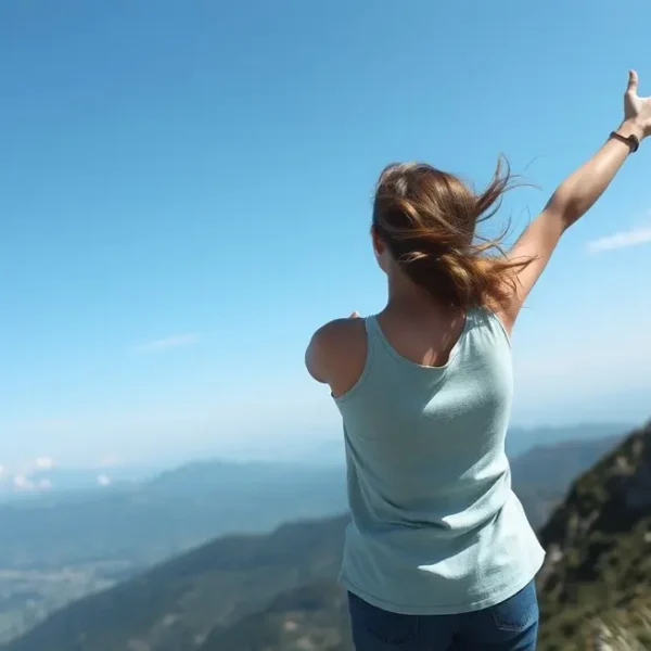 Mulher em uma montanha com видом deslumbrante, celebrando sua jornada solo.