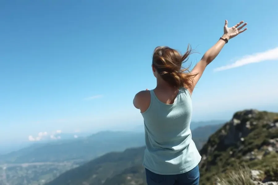 Mulher em uma montanha com видом deslumbrante, celebrando sua jornada solo.