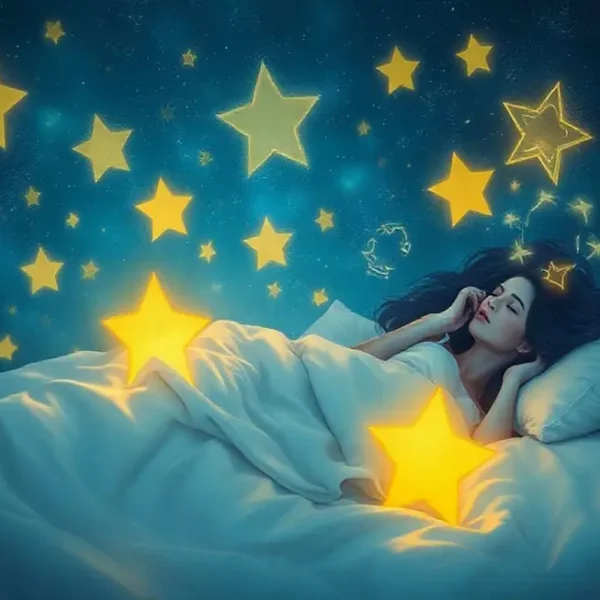 Uma figura feminina sonhando em uma cama, rodeada por estrelas e símbolos oníricos.