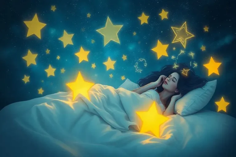 Uma figura feminina sonhando em uma cama, rodeada por estrelas e símbolos oníricos.