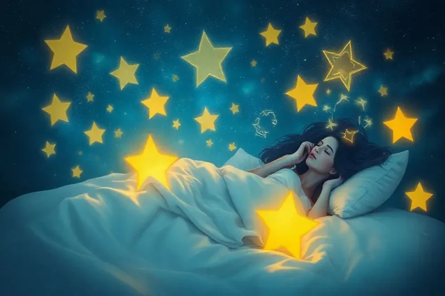 Uma figura feminina sonhando em uma cama, rodeada por estrelas e símbolos oníricos.