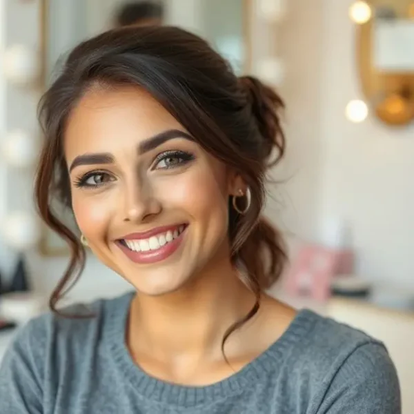 Mulher sorrindo após aplicar maquiagem