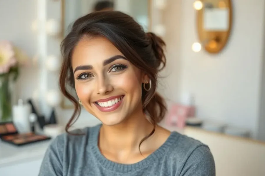 Mulher sorrindo após aplicar maquiagem