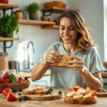 Uma mulher saboreando uma torrada com ingredientes frescos e coloridos.