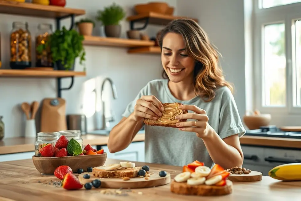 7 Receitas de Torradas Criativas para Mulheres que Amam Alimentação Saudável 8 Uma mulher saboreando uma torrada com ingredientes frescos e coloridos.