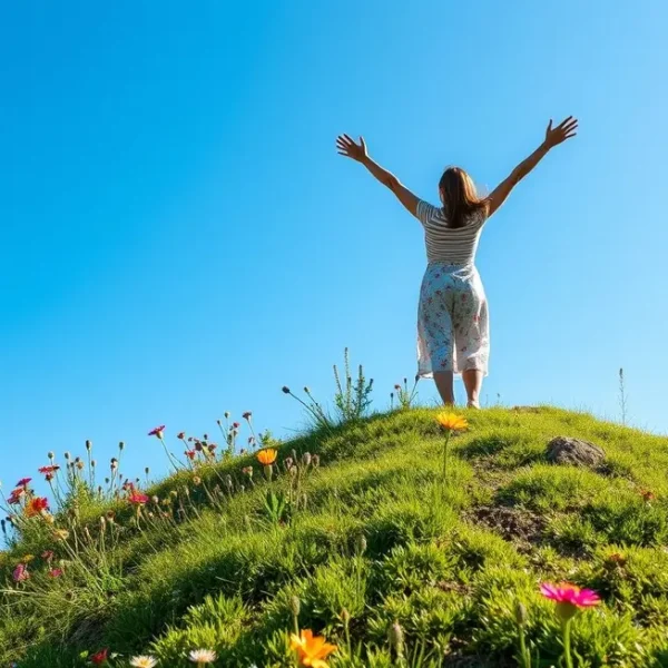 Mulher em um pico de montanha, simbolizando sucesso e novas conquistas.