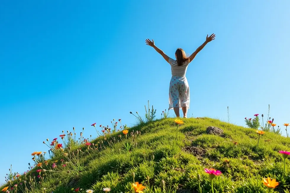 7 Passos Práticos para Alcançar Prosperidade em Todas as Áreas da Sua Vida 8 Mulher em um pico de montanha, simbolizando sucesso e novas conquistas.