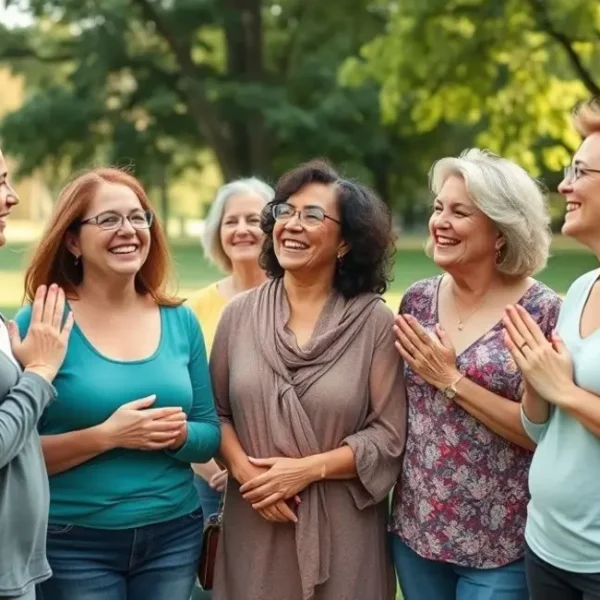 Grupo de mulheres sorrindo e compartilhando momentos de gratidão em um parque.