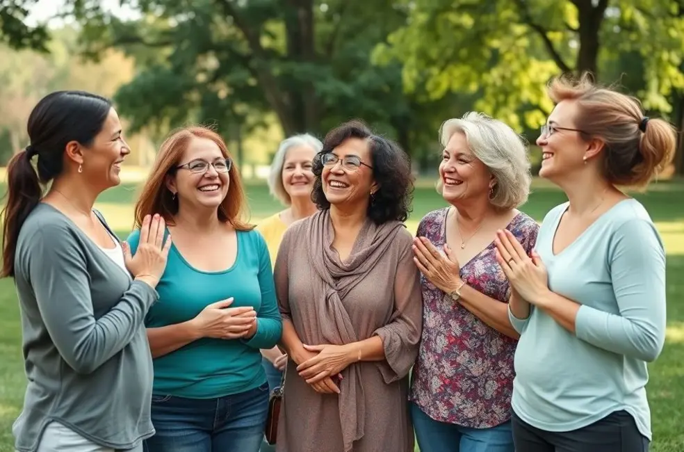 7 Práticas de Gratidão para Mulheres que Buscam Equilíbrio e Bem-Estar 8 Grupo de mulheres sorrindo e compartilhando momentos de gratidão em um parque.