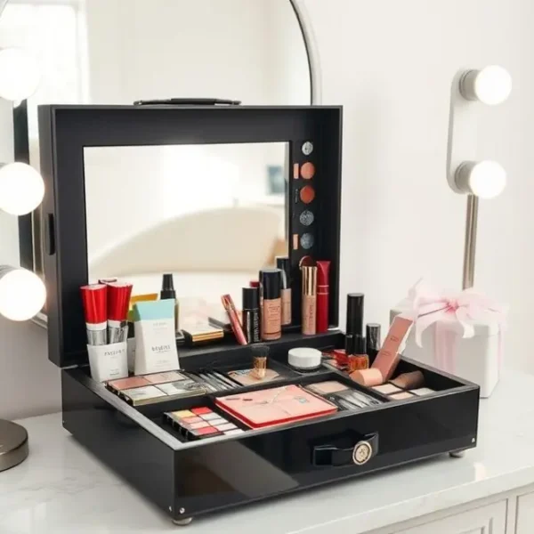 Um kit de beleza disposto de maneira organizada em uma penteadeira.