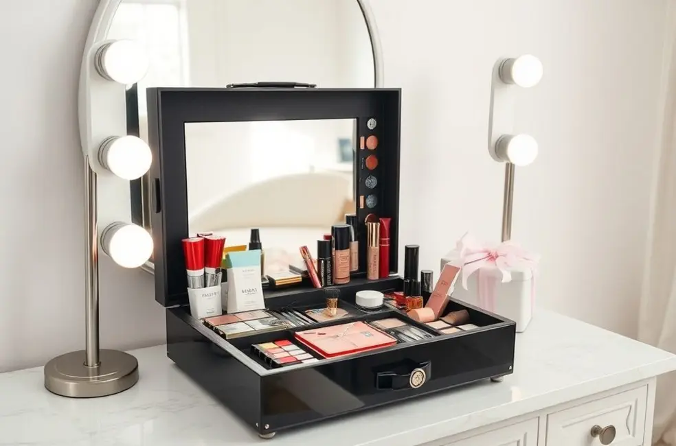 10 Itens Essenciais no Seu Kit de Beleza para Praticidade e Estilo 8 Um kit de beleza disposto de maneira organizada em uma penteadeira.